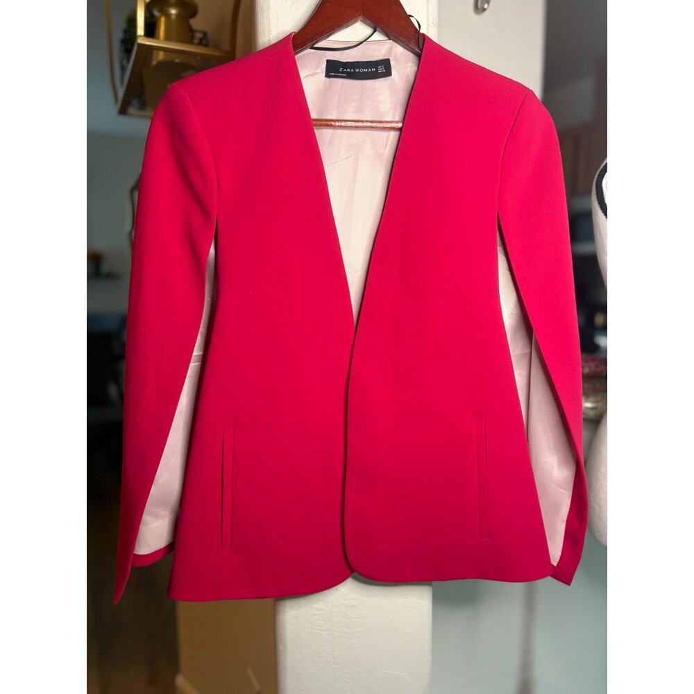 ZARA Woman Cape Blazer Jacket Fuchsia Pink Open Front Slit Sleeve Small 2-8 - Picture 2 of 5